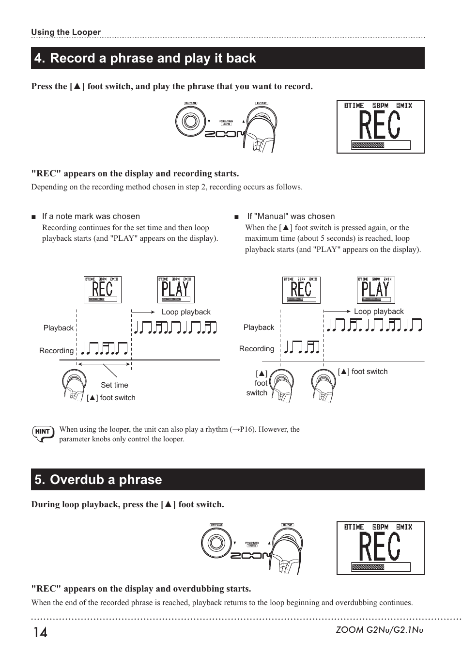 Record a phrase and play it back, Overdub a phrase | Zoom G2.1NU User Manual | Page 14 / 56