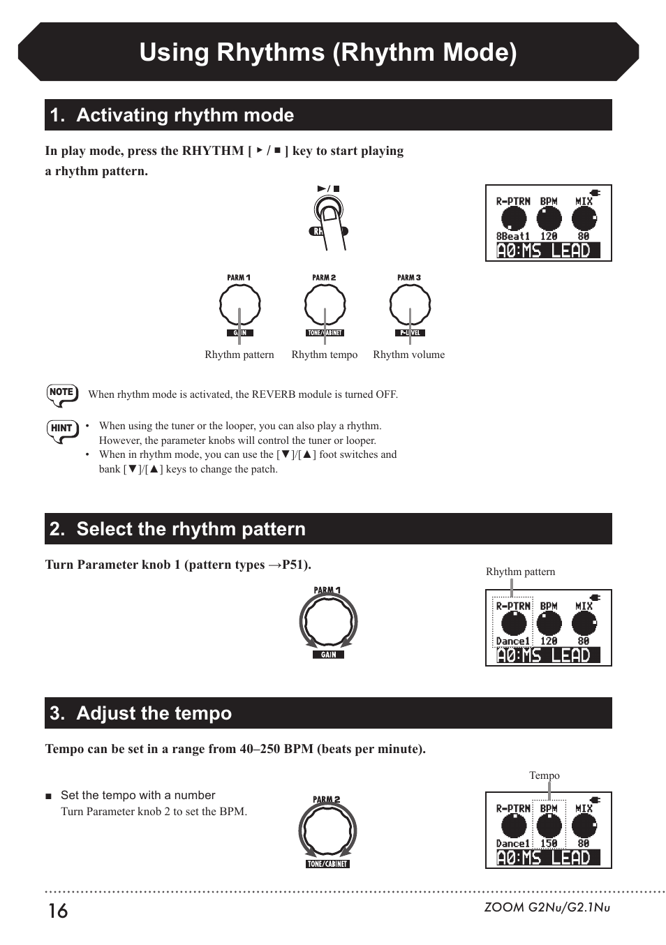 Using rhythms (rhythm mode) | Zoom G2.1NU User Manual | Page 16 / 56