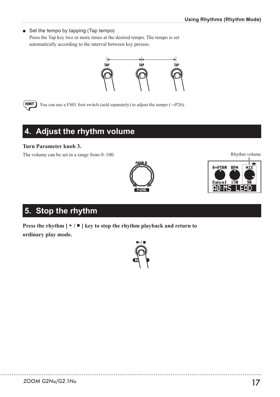 Adjust the rhythm volume 5. stop the rhythm | Zoom G2.1NU User Manual | Page 17 / 56