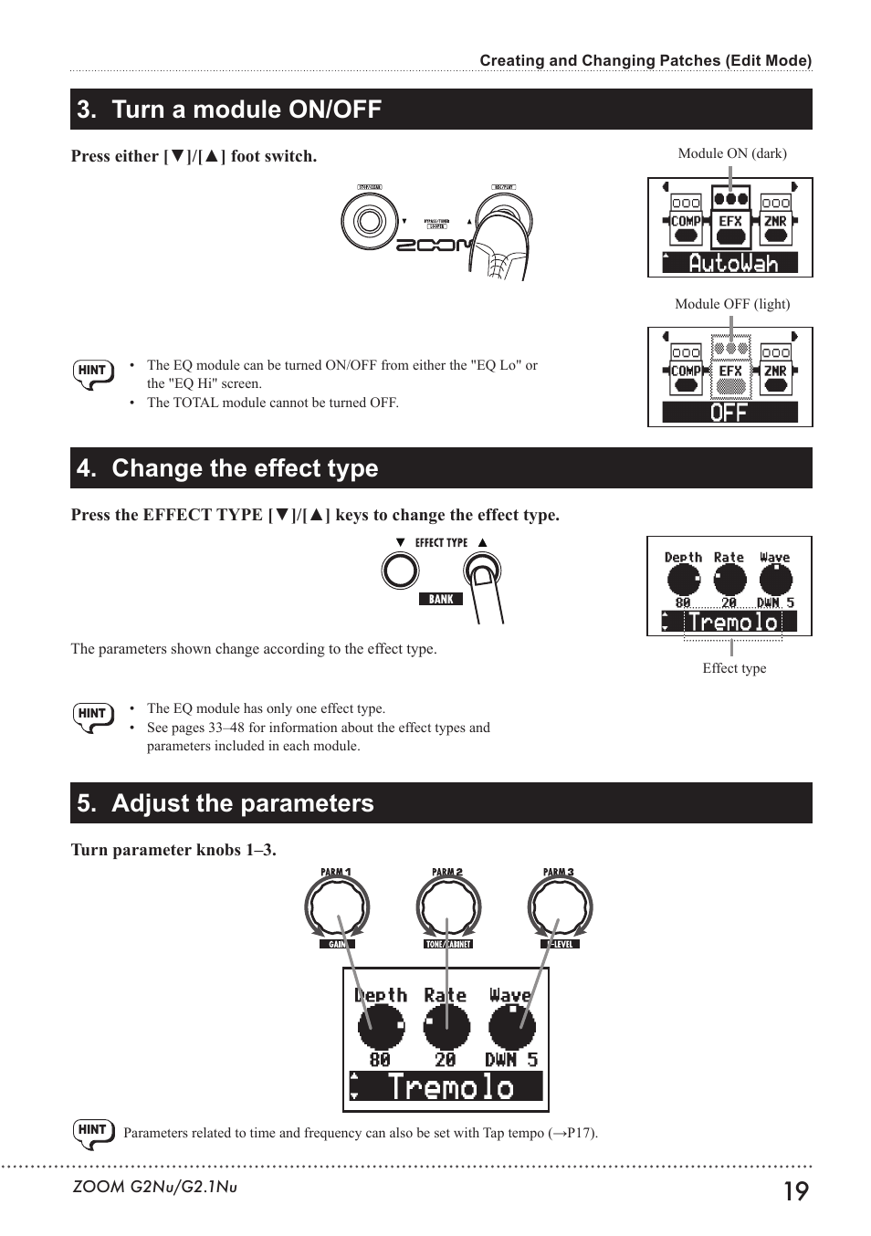 Change the effect type 5. adjust the parameters, Turn a module on/off | Zoom G2.1NU User Manual | Page 19 / 56