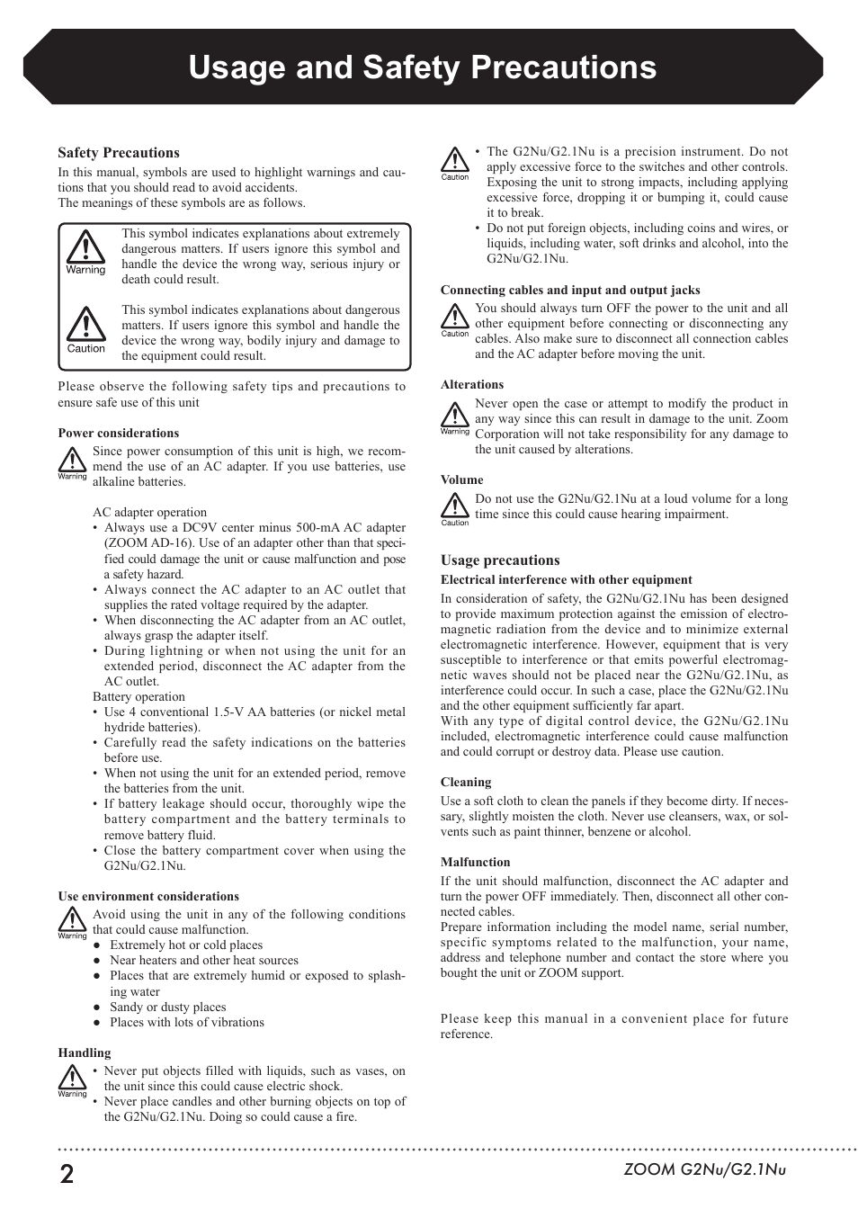 Usage and safety precautions | Zoom G2.1NU User Manual | Page 2 / 56