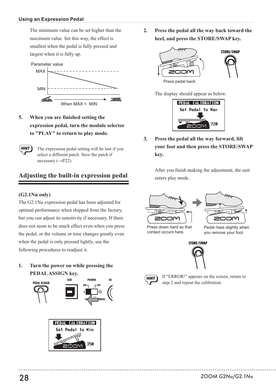 Adjusting the built-in expression pedal | Zoom G2.1NU User Manual | Page 28 / 56