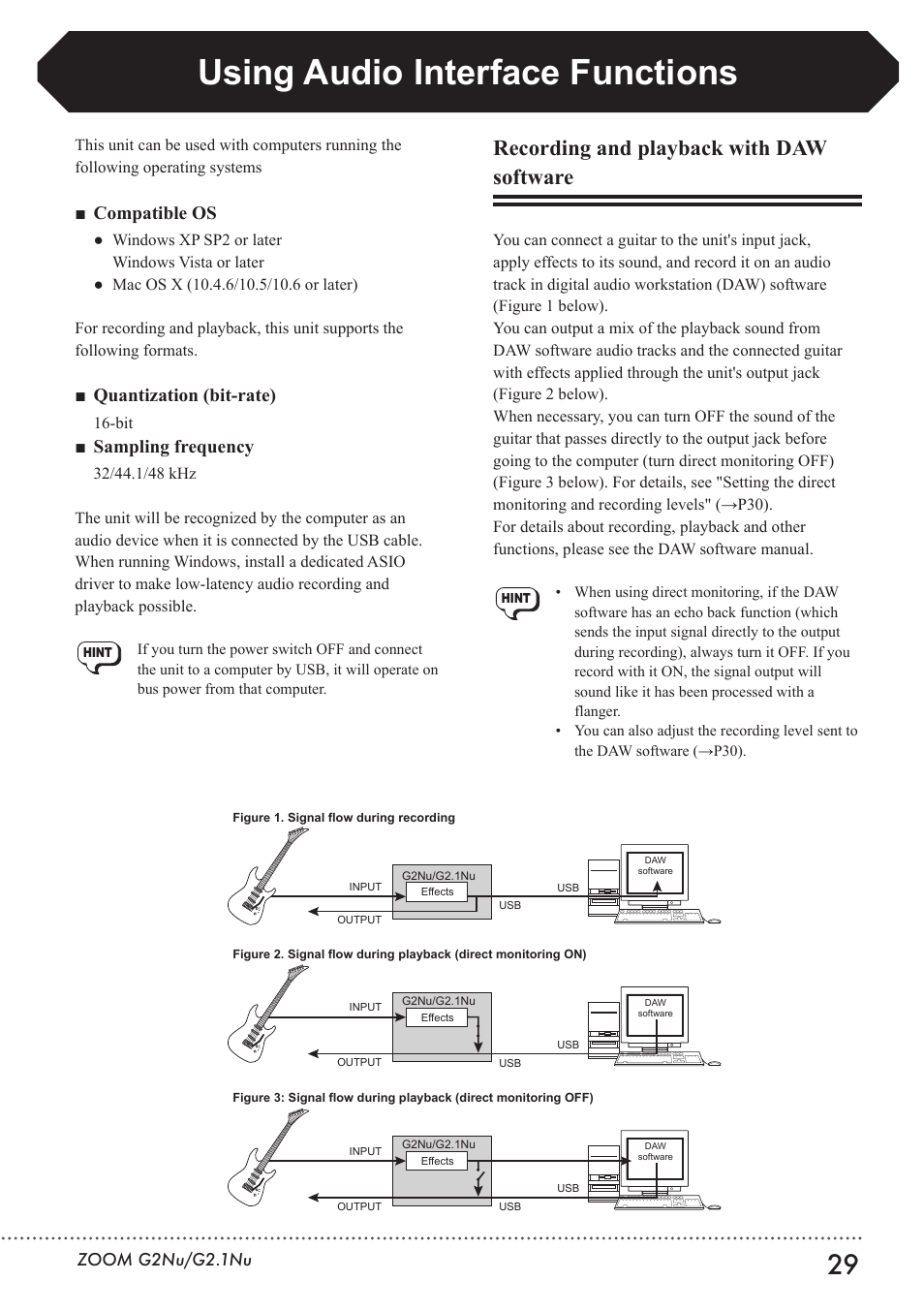 Using audio interface functions, Recording and playback with daw software, Compatible os | Quantization (bit-rate), Sampling frequency | Zoom G2.1NU User Manual | Page 29 / 56
