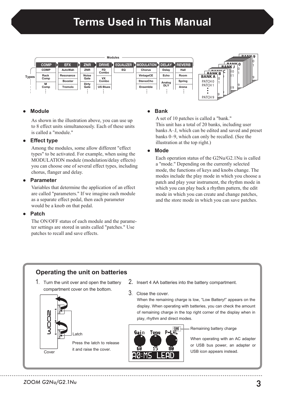 Terms used in this manual, Operating the unit on batteries, Module | Effect type, Parameter, Patch, Bank, Mode | Zoom G2.1NU User Manual | Page 3 / 56