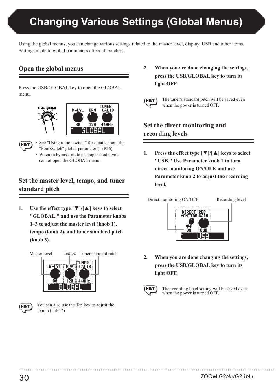 Changing various settings (global menus), Open the global menus, Set the direct monitoring and recording levels | Set the master level, tempo, and tuner | Zoom G2.1NU User Manual | Page 30 / 56