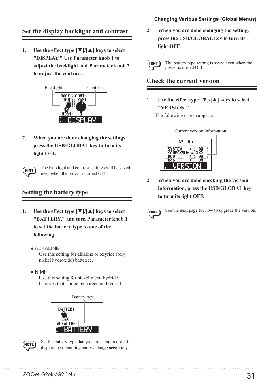 Set the display backlight and contrast, Setting the battery type, Check the current version | Zoom G2.1NU User Manual | Page 31 / 56