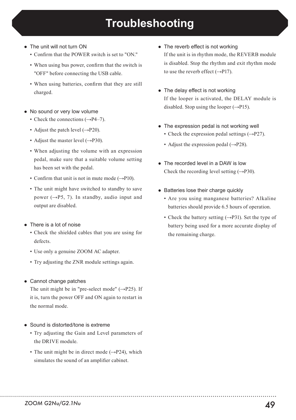 Troubleshooting | Zoom G2.1NU User Manual | Page 49 / 56