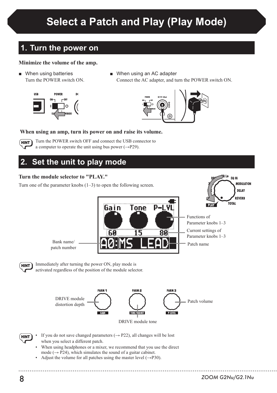 Select a patch and play (play mode), Turn the power on 2. set the unit to play mode | Zoom G2.1NU User Manual | Page 8 / 56