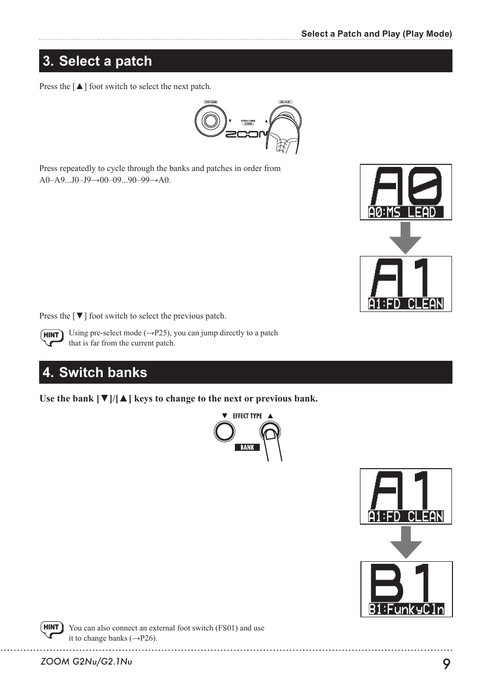 Switch banks, Select a patch | Zoom G2.1NU User Manual | Page 9 / 56