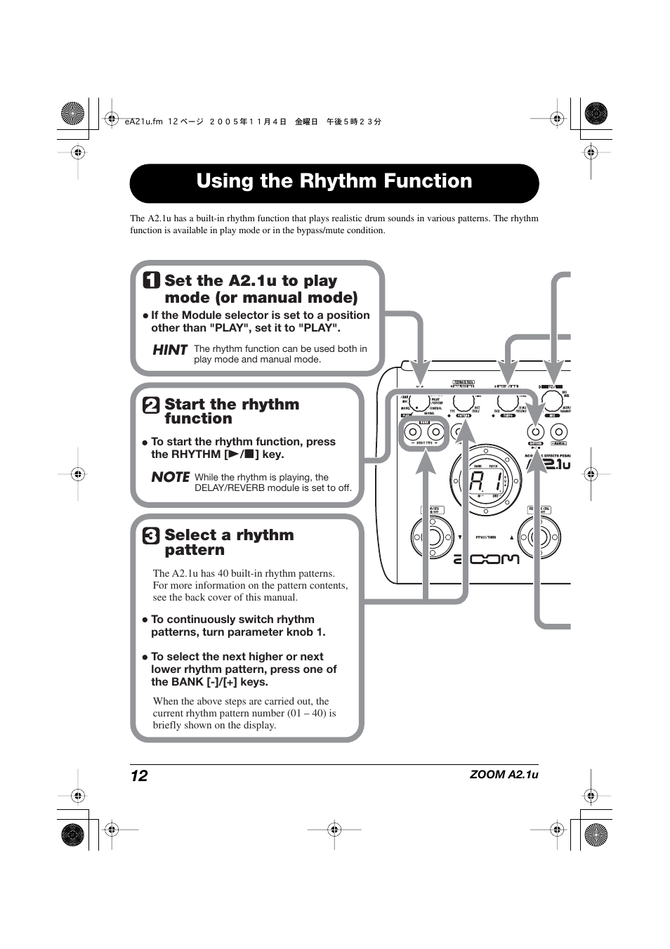 Using the rhythm function, Set the a2.1u to play mode (or manual mode), Start the rhythm function select a rhythm pattern | Zoom A2.1U User Manual | Page 12 / 43