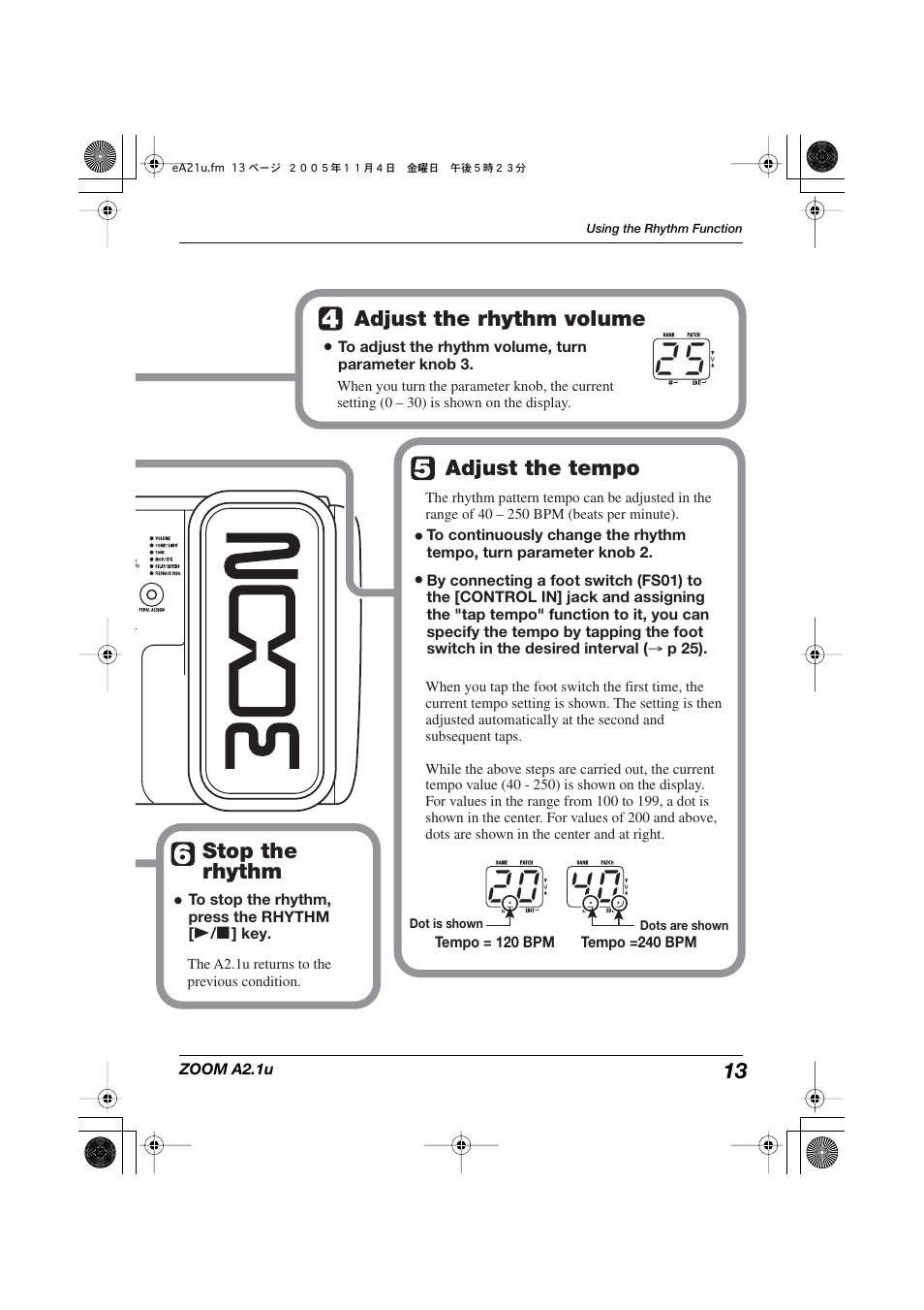 Adjust the rhythm volume, Adjust the tempo, Stop the rhythm | Zoom A2.1U User Manual | Page 13 / 43