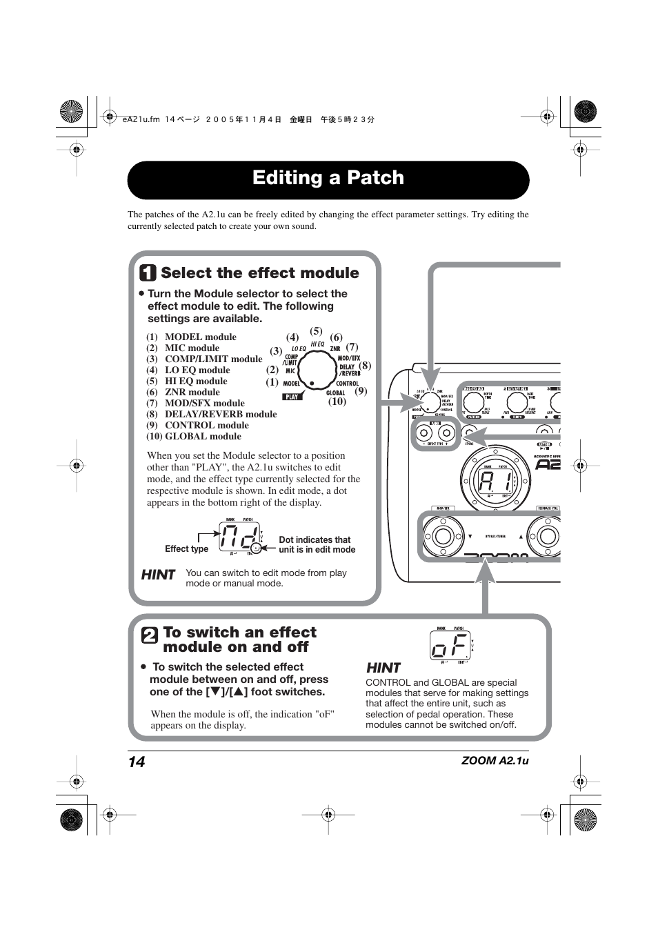 M d o f, Editing a patch, Select the effect module | Zoom A2.1U User Manual | Page 14 / 43