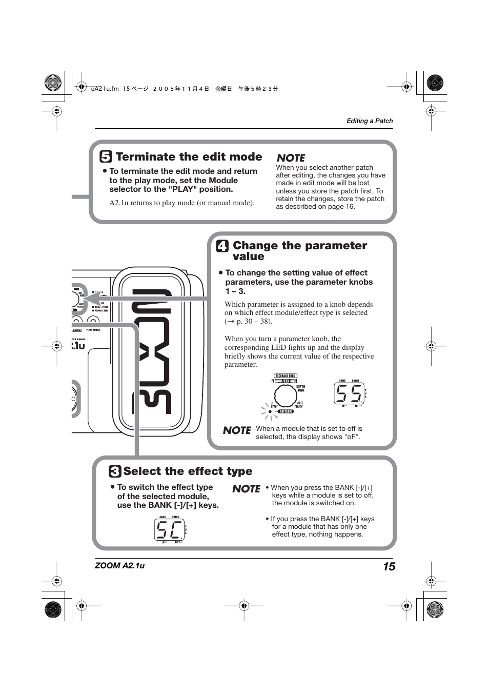 5 5 s c, Terminate the edit mode, Change the parameter value | Select the effect type | Zoom A2.1U User Manual | Page 15 / 43