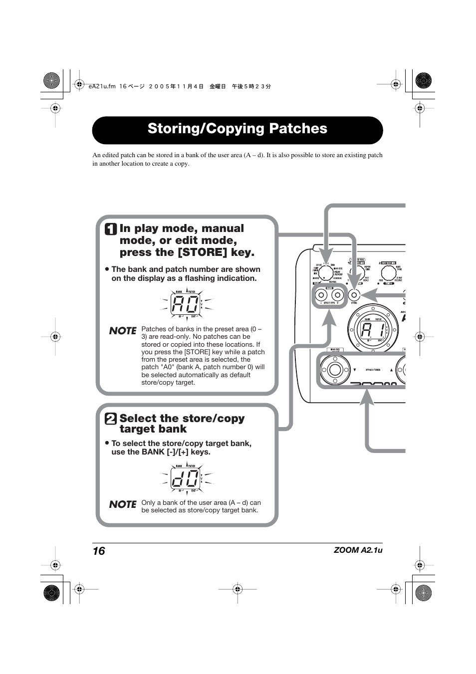 A 0 d 0, Storing/copying patches | Zoom A2.1U User Manual | Page 16 / 43