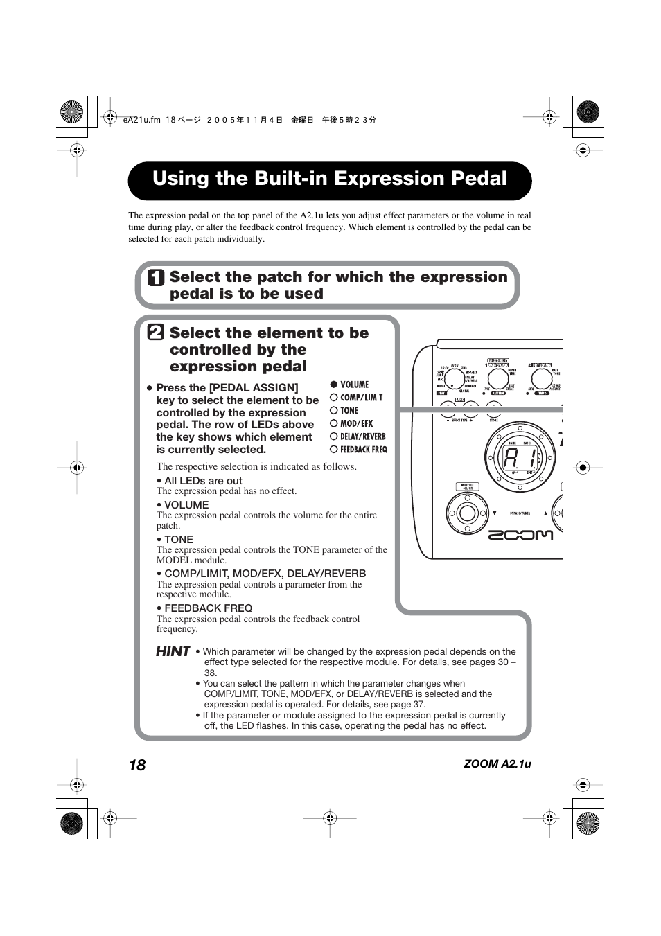 Using the built-in expression pedal | Zoom A2.1U User Manual | Page 18 / 43