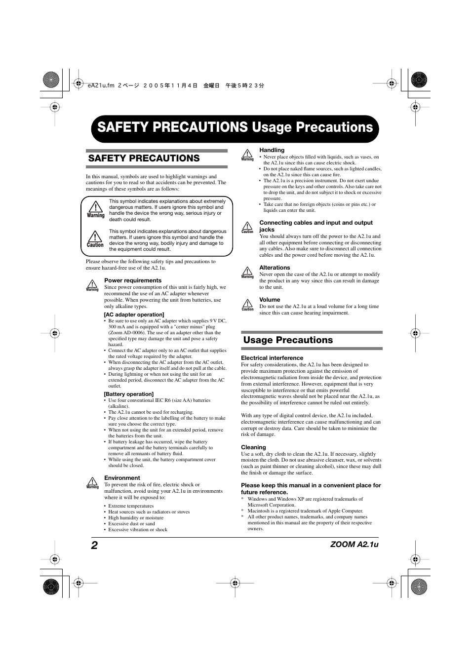 Safety precautions usage precautions, Safety precautions, Usage precautions | Zoom a2.1u | Zoom A2.1U User Manual | Page 2 / 43