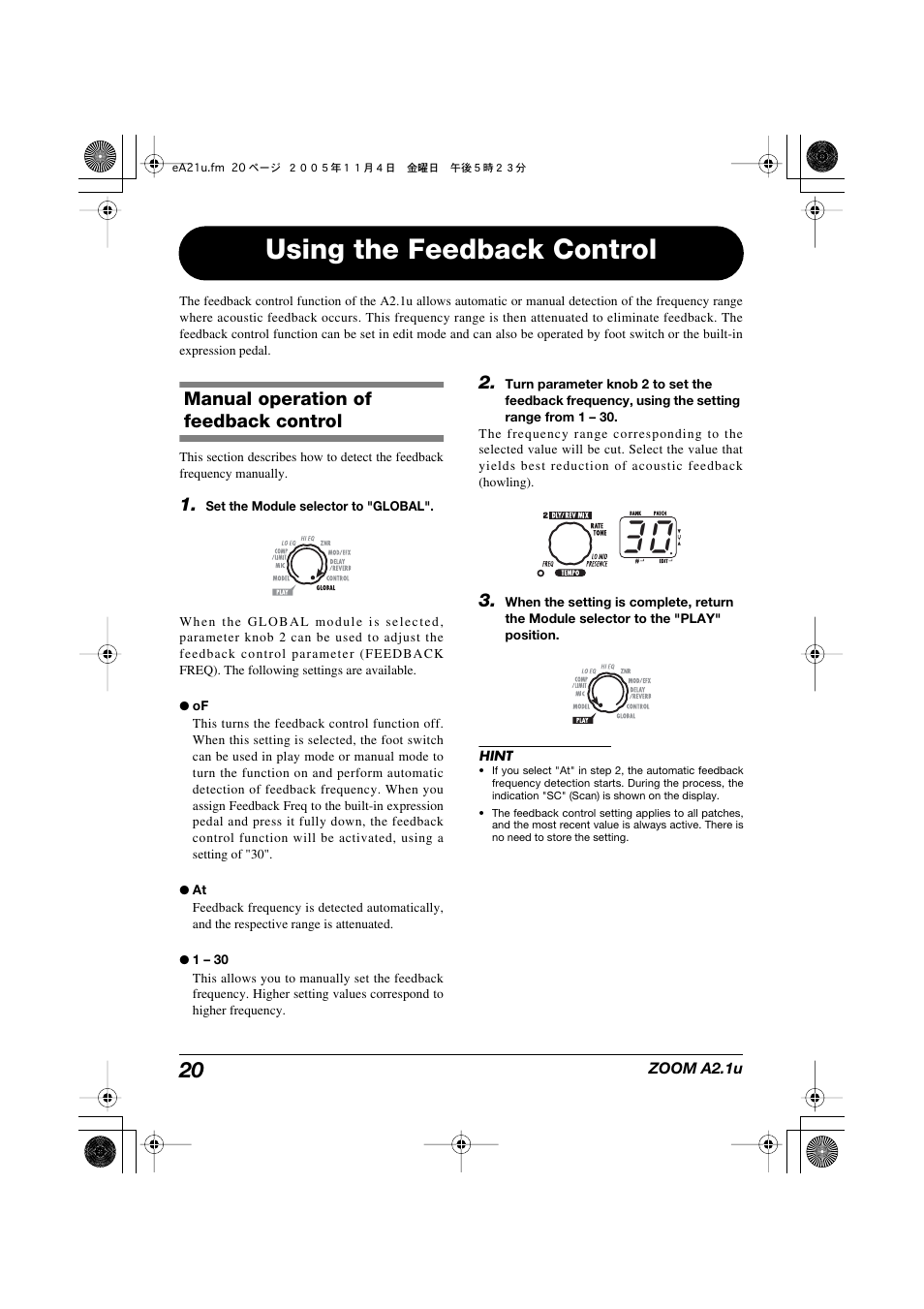 Using the feedback control, Manual operation of feedback control | Zoom A2.1U User Manual | Page 20 / 43