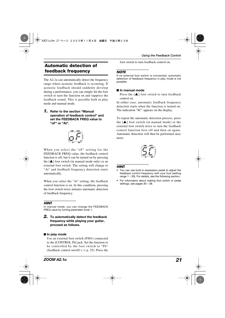 O f s c, Automatic detection of feedback frequency | Zoom A2.1U User Manual | Page 21 / 43