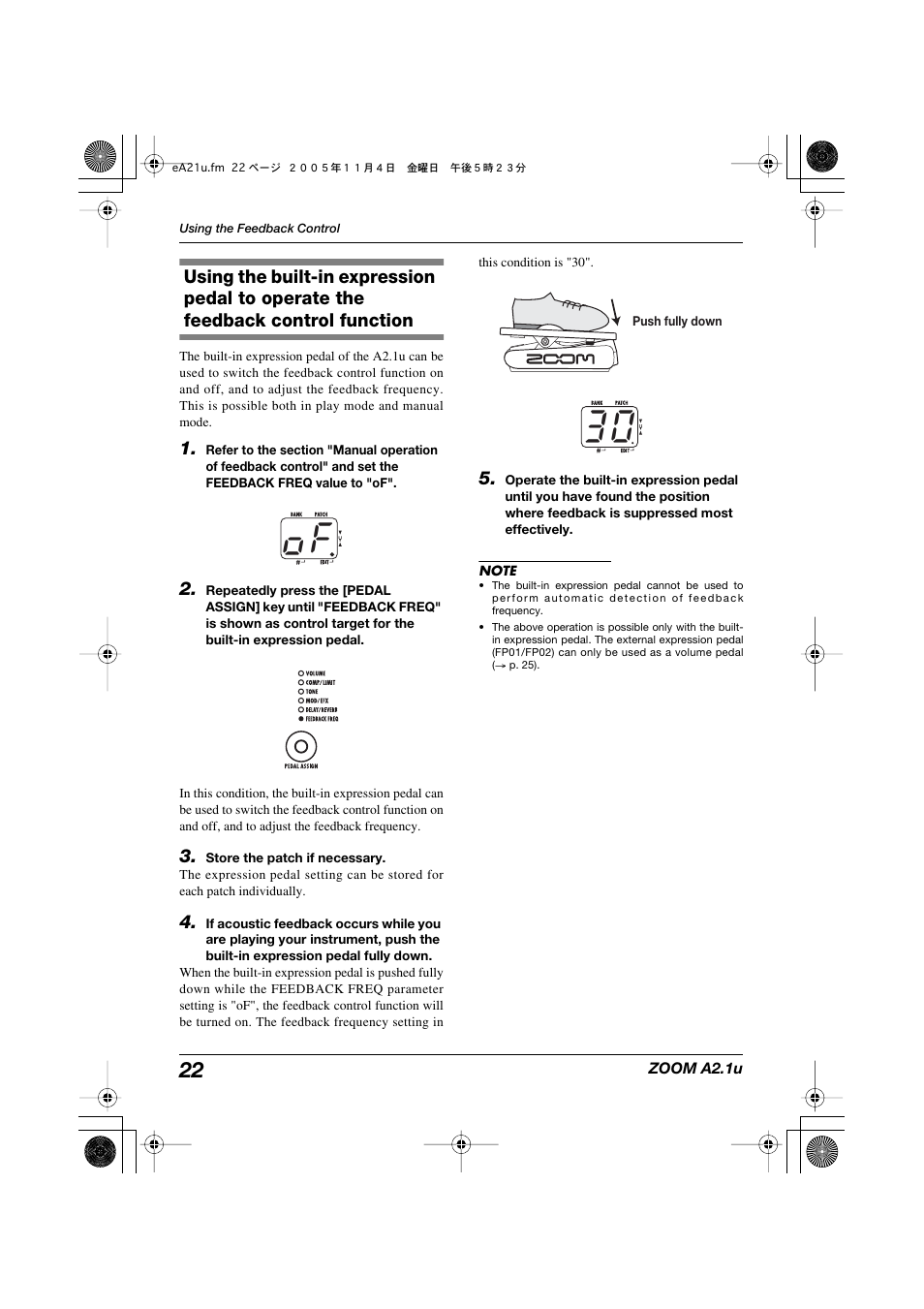 O f 3 0, Using the built-in expression pedal to operate the, Feedback control function | Zoom A2.1U User Manual | Page 22 / 43