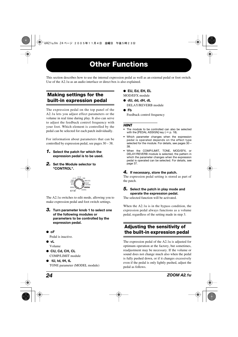 Other functions, Making settings for the built-in expression pedal, Adjusting the sensitivity of | The built-in expression pedal | Zoom A2.1U User Manual | Page 24 / 43