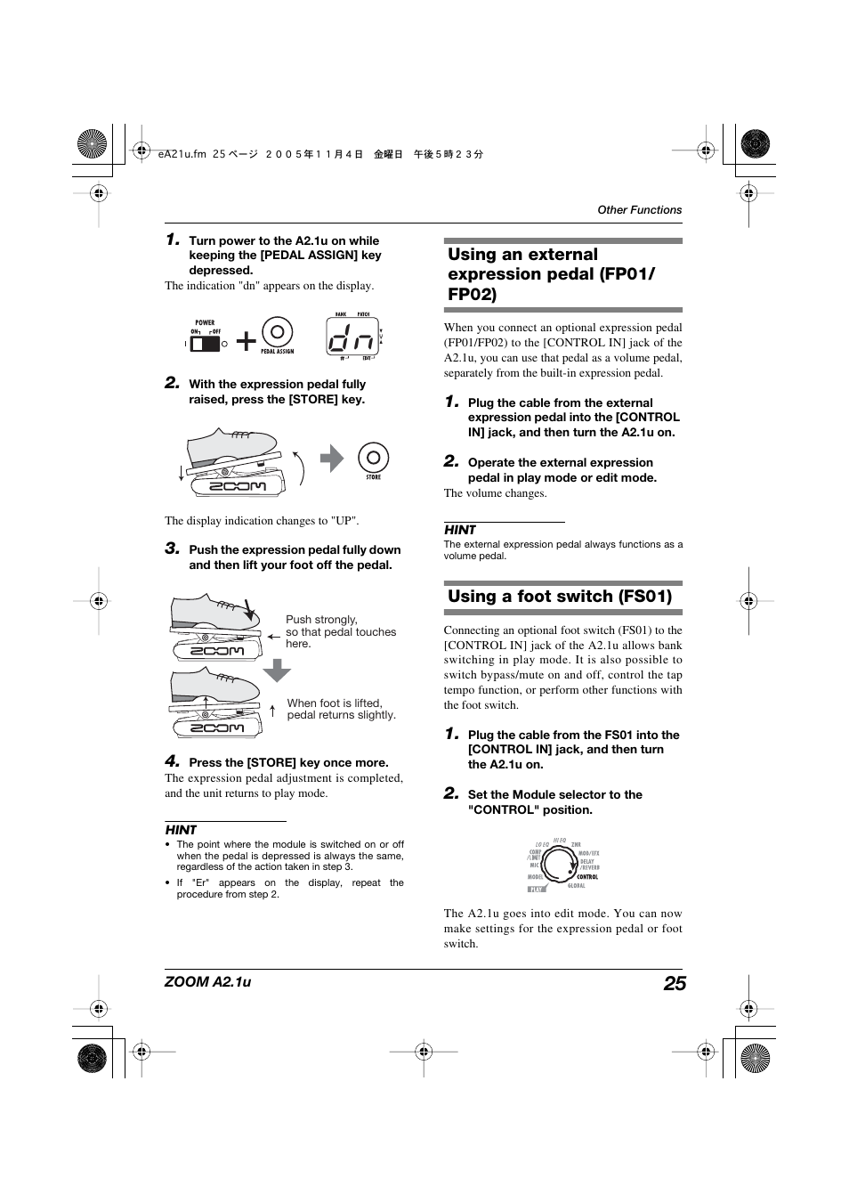 Using an external expression pedal (fp01/ fp02), Using a foot switch (fs01) | Zoom A2.1U User Manual | Page 25 / 43
