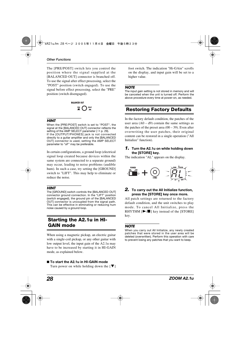 Starting the a2.1u in hi- gain mode, Restoring factory defaults | Zoom A2.1U User Manual | Page 28 / 43