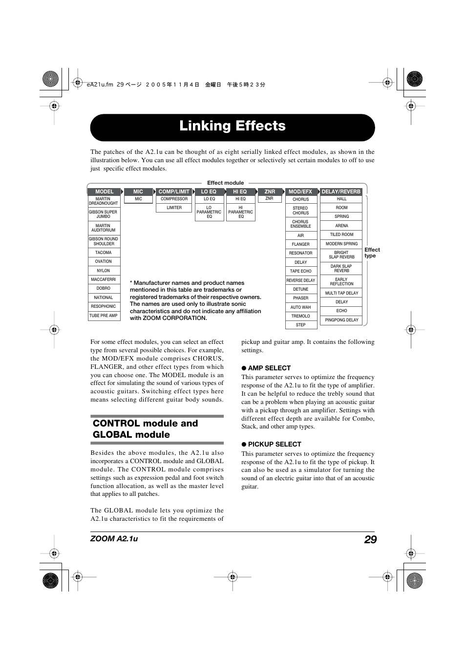 Linking effects, Control module and global module, Zoom a2.1u | Zoom A2.1U User Manual | Page 29 / 43