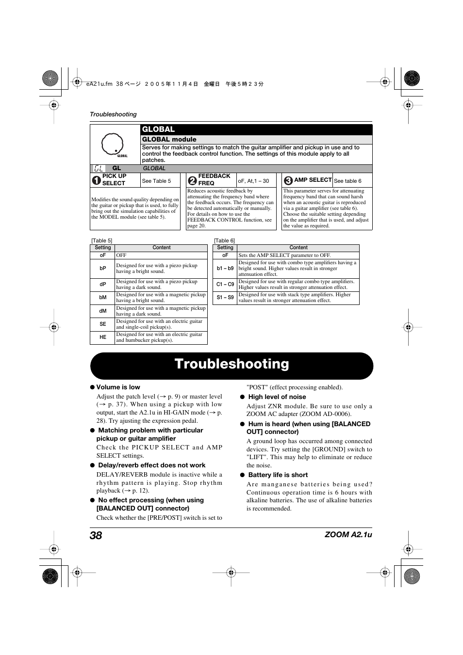 Troubleshooting, Zoom a2.1u, Global | Zoom A2.1U User Manual | Page 38 / 43