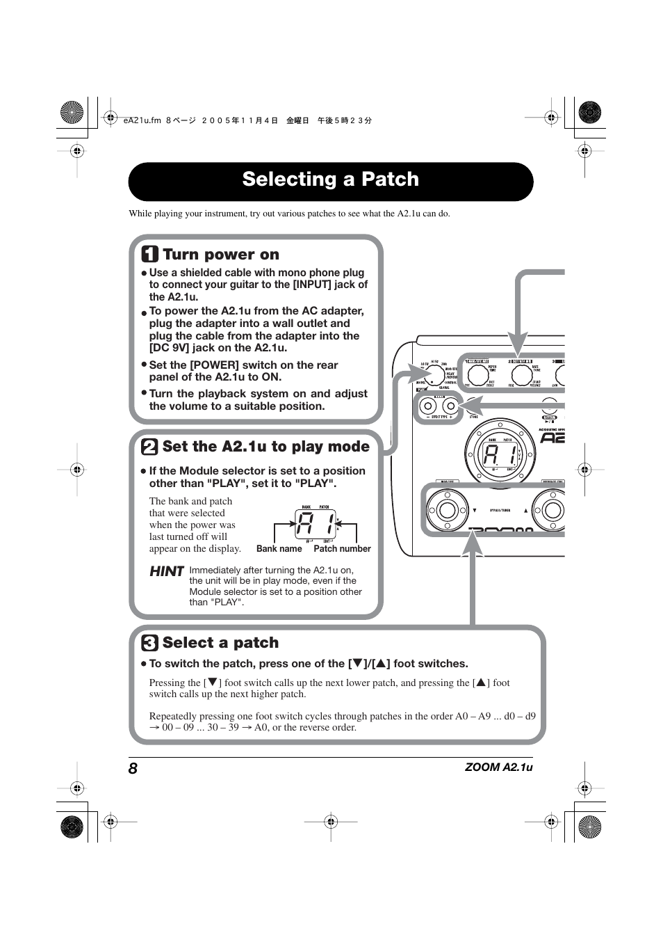 Selecting a patch, Turn power on set the a2.1u to play mode, Select a patch | Zoom A2.1U User Manual | Page 8 / 43