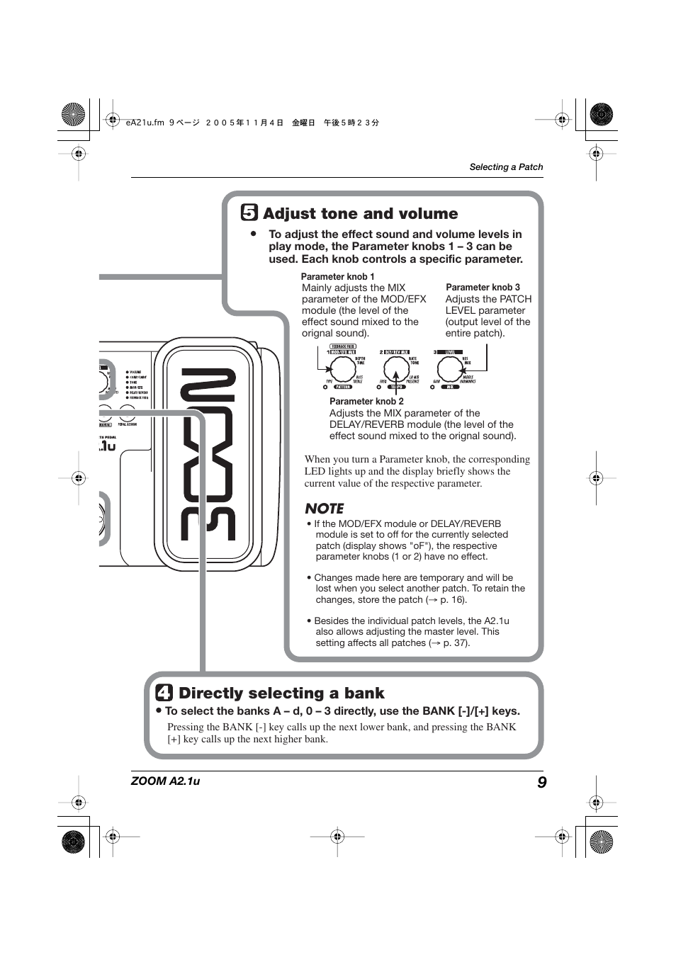 9 adjust tone and volume, Directly selecting a bank | Zoom A2.1U User Manual | Page 9 / 43