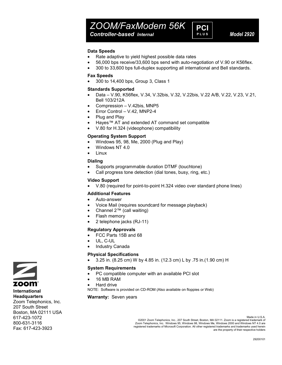 Zoom/faxmodem 56k | Zoom 2920 User Manual | Page 2 / 2