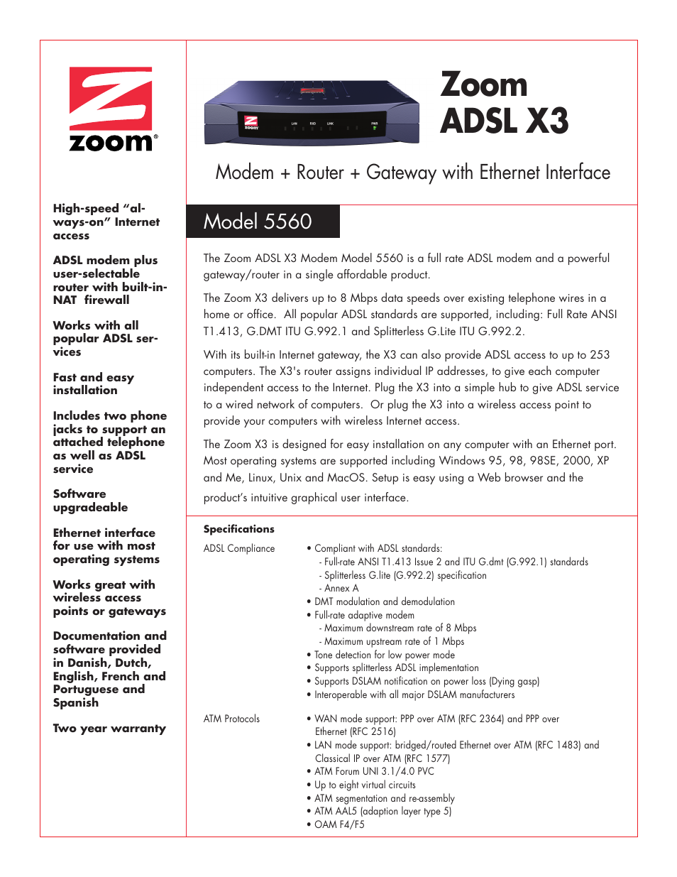 Zoom ADSL X3 5560 User Manual | 2 pages