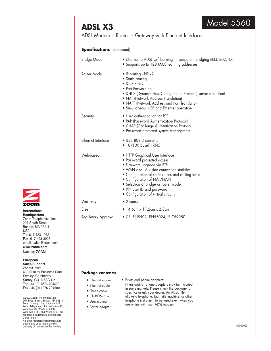 Adsl x3, Model 5560 | Zoom ADSL X3 5560 User Manual | Page 2 / 2