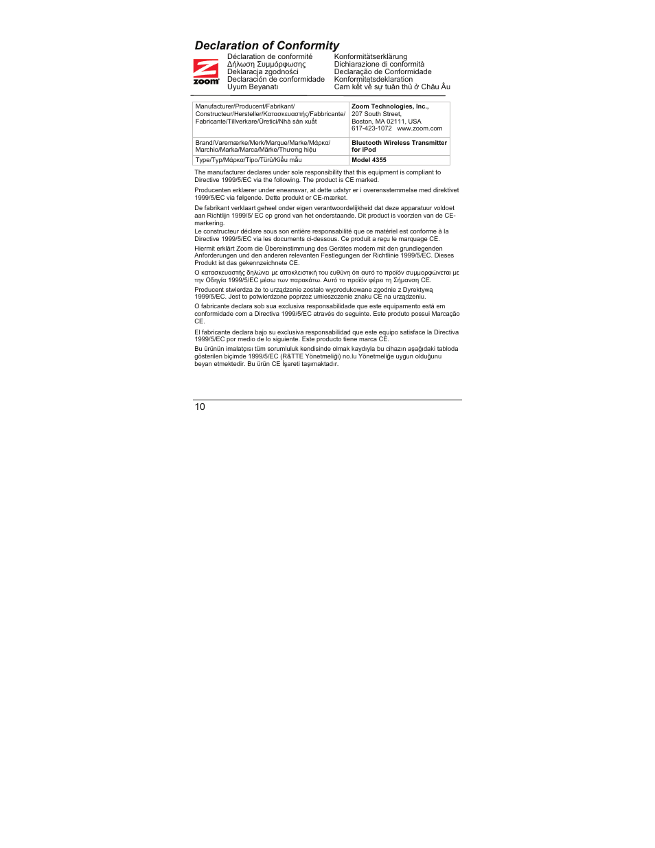 Declaration of conformity | Zoom iHiFi 4353 User Manual | Page 10 / 20