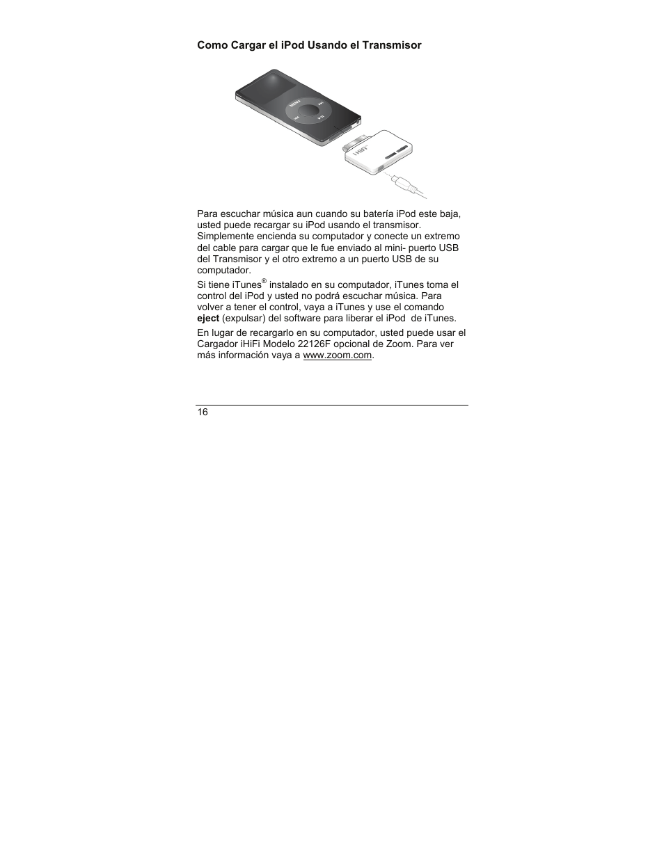 Como cargar el ipod usando el transmisor | Zoom iHiFi 4353 User Manual | Page 16 / 20
