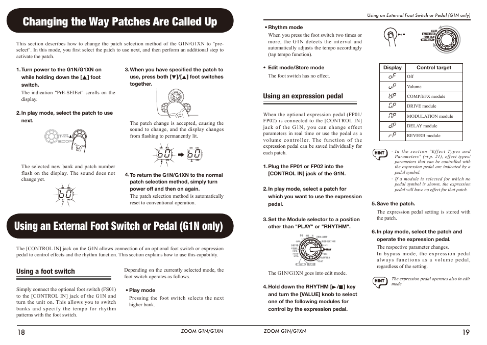 Changing the way patches are called up, Using an external foot switch or pedal (g1n only) | Zoom G1N User Manual | Page 10 / 16