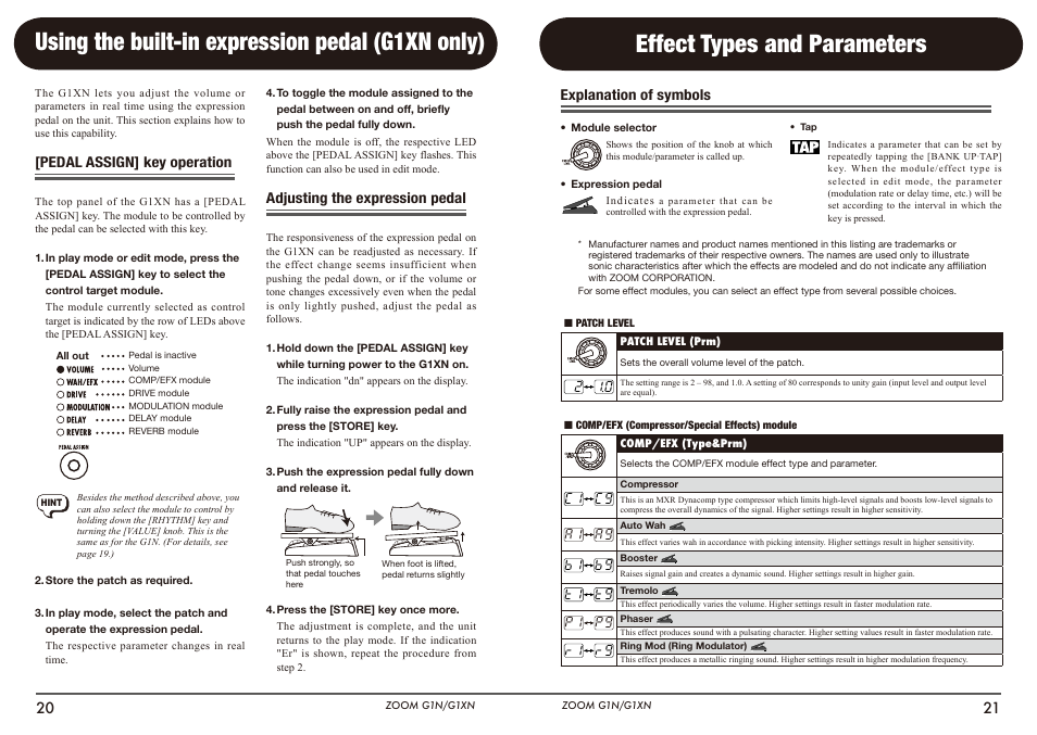 Using the built-in expression pedal (g1xn only), Effect types and parameters | Zoom G1N User Manual | Page 11 / 16