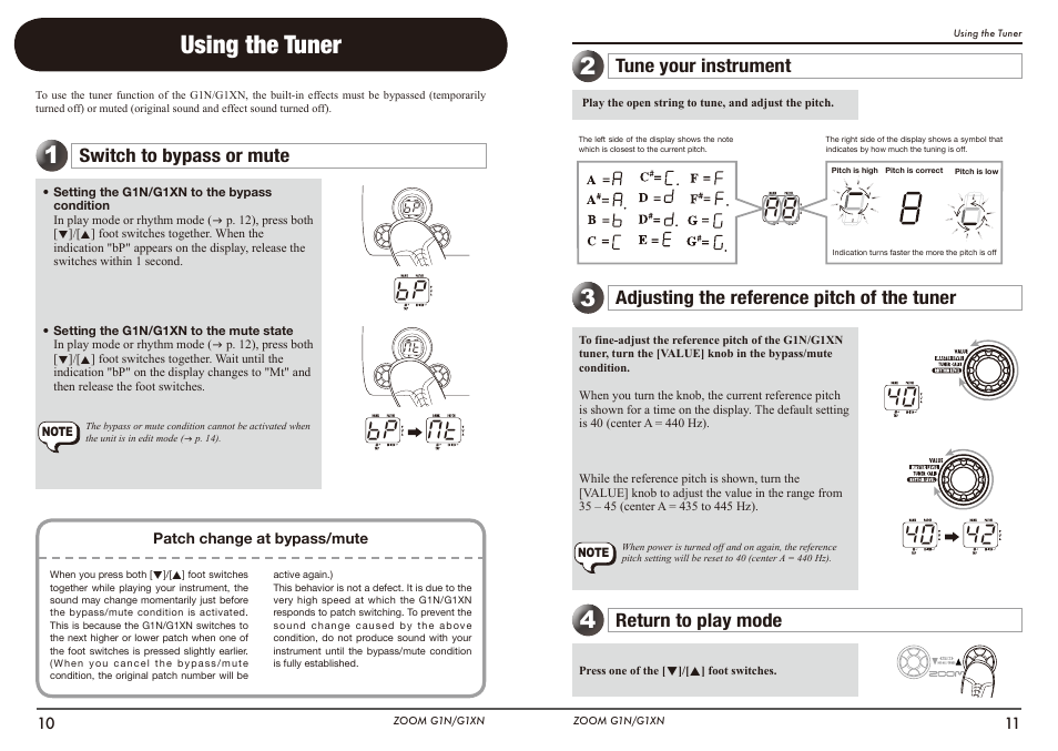 Using the tuner, Switch to bypass or mute, Tune your instrument | Adjusting the reference pitch of the tuner, Return to play mode, Bp mt | Zoom G1N User Manual | Page 6 / 16