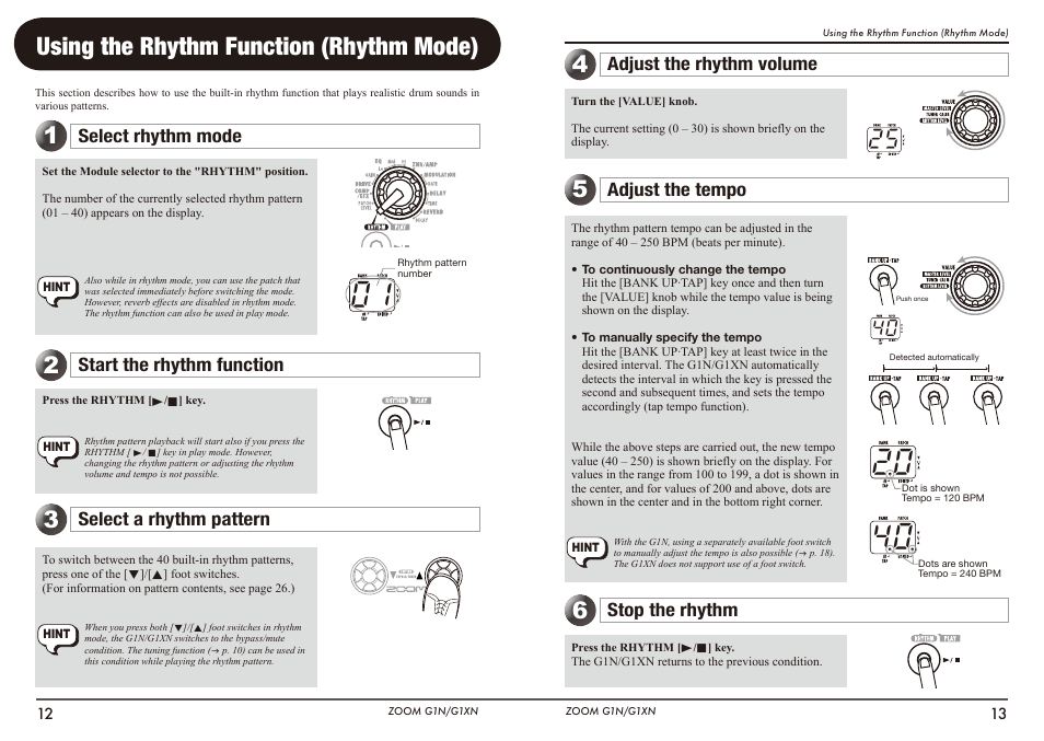 Using the rhythm function (rhythm mode), Select rhythm mode, Start the rhythm function | Select a rhythm pattern, Adjust the rhythm volume, Stop the rhythm, Adjust the tempo | Zoom G1N User Manual | Page 7 / 16