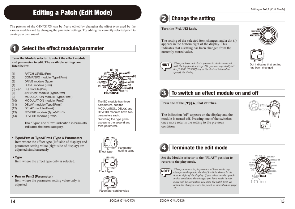 C1 fd 25, Editing a patch (edit mode), Select the effect module/parameter | Change the setting, Terminate the edit mode | Zoom G1N User Manual | Page 8 / 16