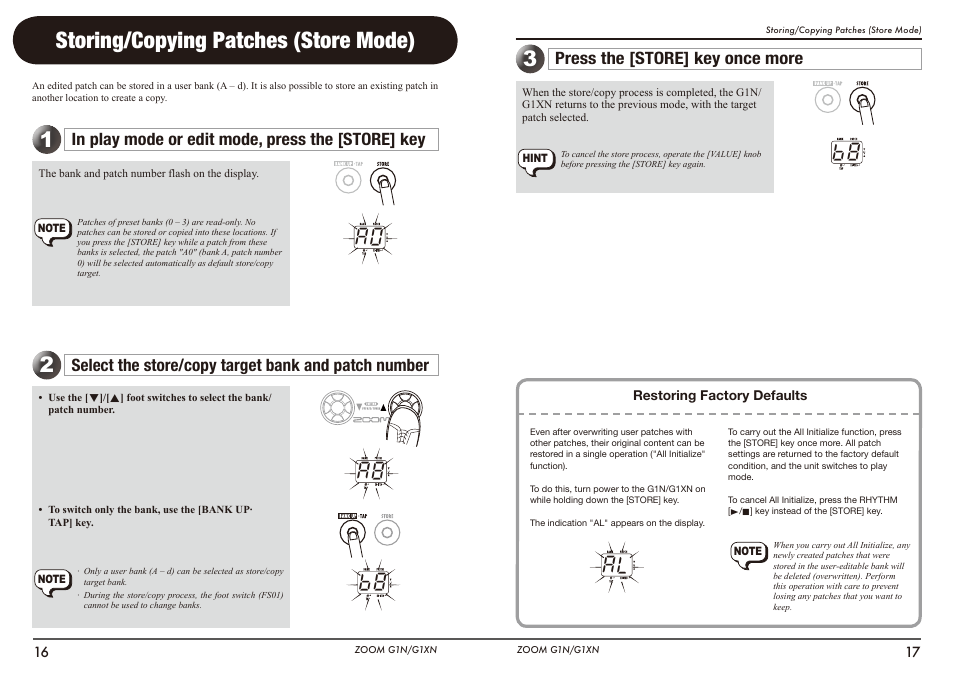 Storing/copying patches (store mode), Select the store/copy target bank and patch number, Press the [store] key once more | A8 b8 b8 | Zoom G1N User Manual | Page 9 / 16