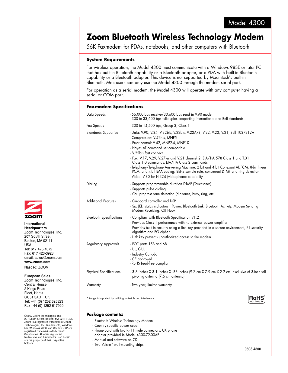 Zoom bluetooth wireless technology modem, Model 4300, Rohs | Zoom 4300 User Manual | Page 2 / 2