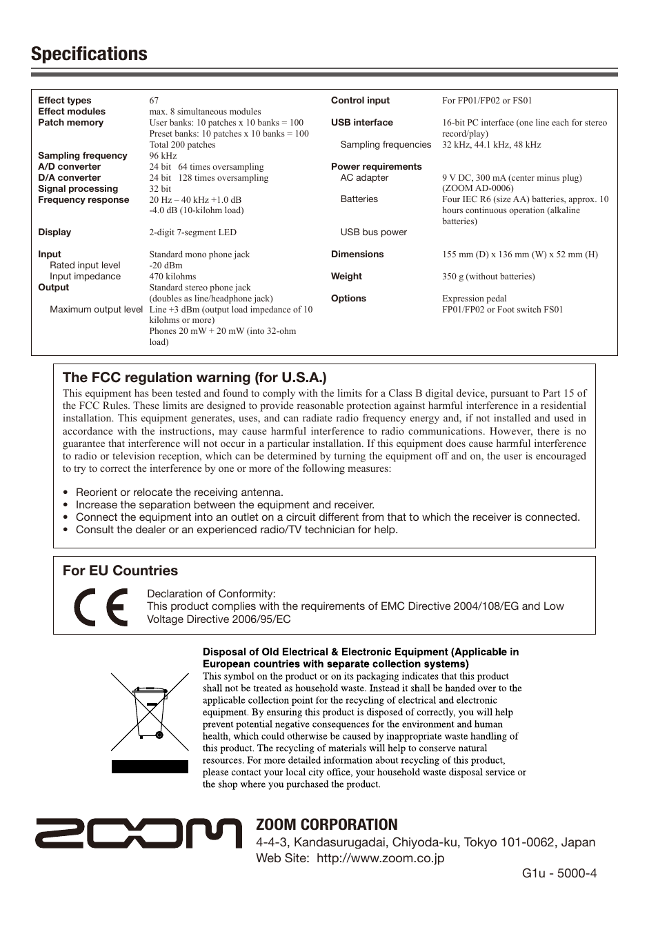 Specifications, Zoom corporation, The fcc regulation warning (for u.s.a.) | For eu countries | Zoom G1U User Manual | Page 15 / 21
