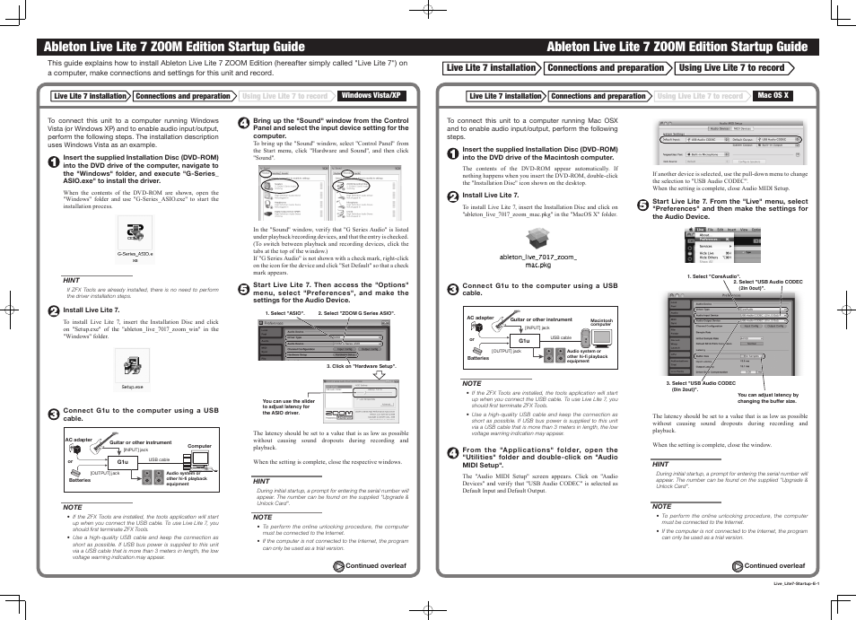 Ableton live lite 7 zoom edition startup guide | Zoom G1U User Manual | Page 20 / 21