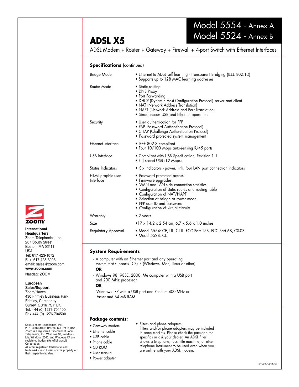 Adsl x5, Model 5554, Model 5524 | Annex a, Annex b | Zoom ADSL X5 5554 User Manual | Page 2 / 2