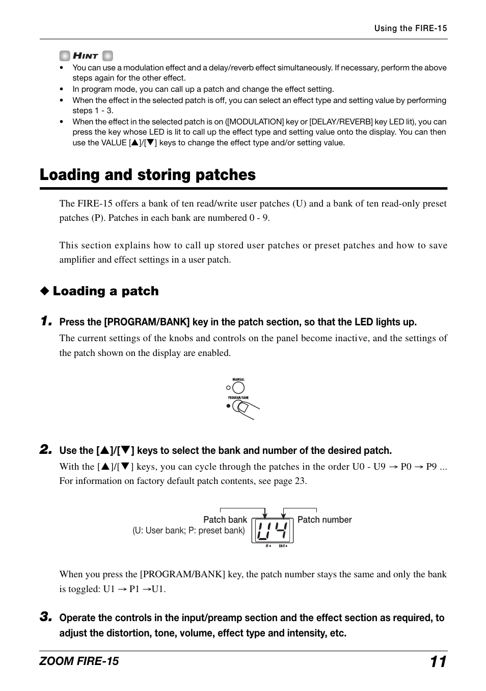 Loading and storing patches, Loading a patch | Zoom modeling amp FIRE-15 User Manual | Page 11 / 24