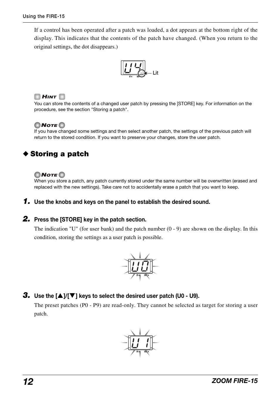 Storing a patch | Zoom modeling amp FIRE-15 User Manual | Page 12 / 24