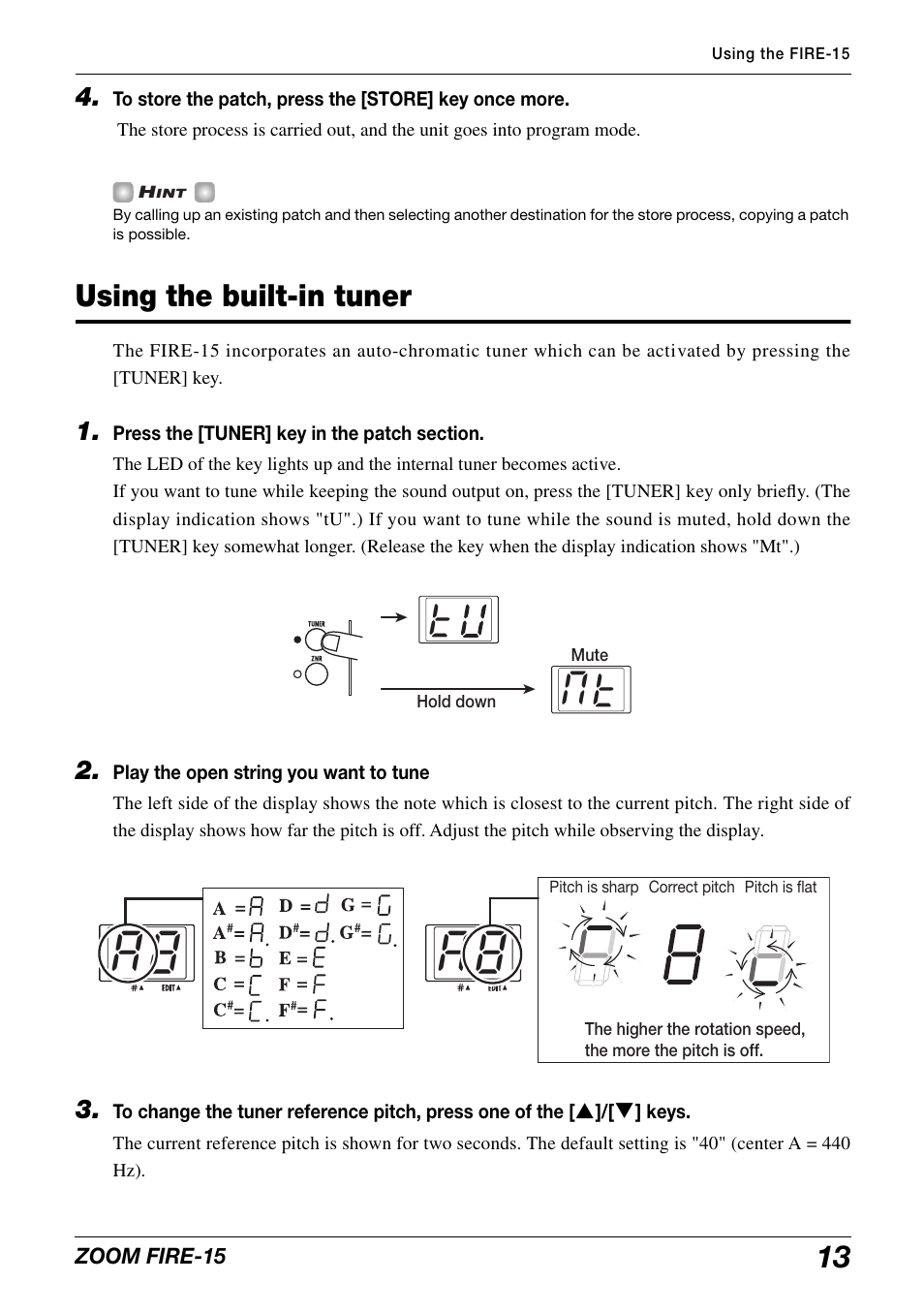 Tm t, Using the built-in tuner | Zoom modeling amp FIRE-15 User Manual | Page 13 / 24