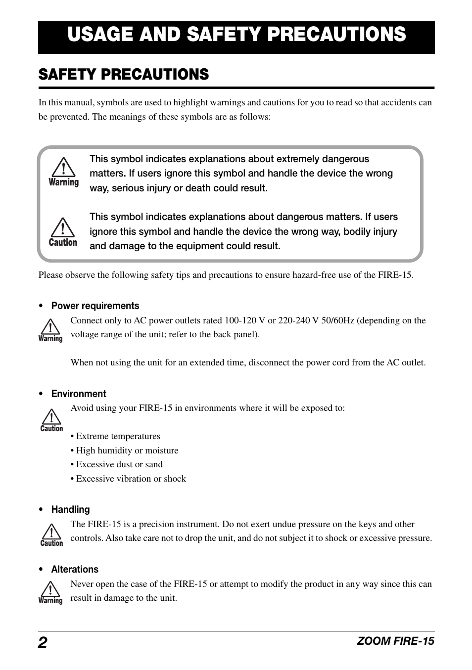Usage and safety precautions, Safety precautions | Zoom modeling amp FIRE-15 User Manual | Page 2 / 24