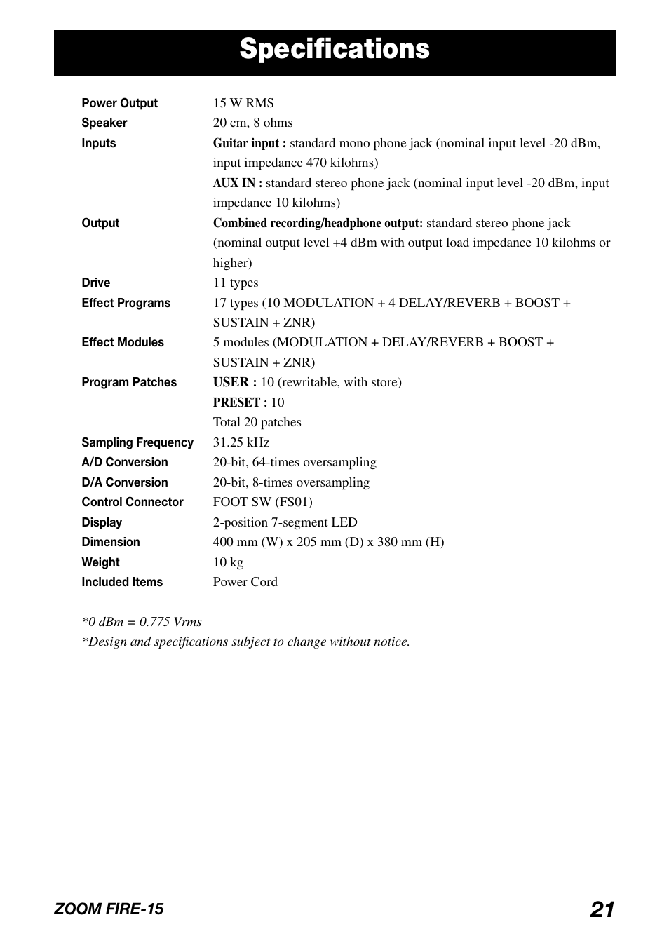 Specifications | Zoom modeling amp FIRE-15 User Manual | Page 21 / 24